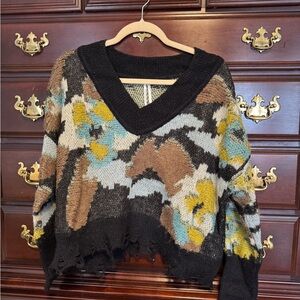 Anthropologie V-Neck Sweater with Black and Multicolor Pattern